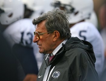 EVANSTON, IL - OCTOBER 31: Head coach Joe Paterno of the Penn State Nittany Lions walks the sidelines as his team takes on the Northwestern Wildcats at Ryan Field on October 31, 2009 in Evanston, Illinois. Penn State defeated Northwestern 34-13. (Photo by