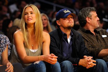 LOS ANGELES, CA - APRIL 27:  Model Bar Rafaeli and boyfriend actor Leonardo DiCaprio sit courtside during Game Two of the Western Conference Quarterfinals of the 2010 NBA Playoffs between the Los Angeles Lakers and the Oklahoma City Thunder at Staples Cen