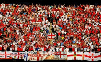 BLOEMFONTEIN, SOUTH AFRICA - JUNE 27:  A general view of fans during the 2010 FIFA World Cup South Africa Round of Sixteen match between Germany and England at Free State Stadium on June 27, 2010 in Bloemfontein, South Africa.  (Photo by Michael Regan/Get