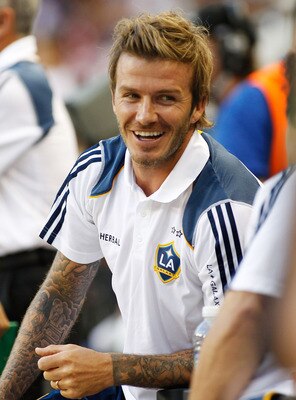 HARRISON, NJ - AUGUST 14:  David Beckham #23 of the Los Angeles Galaxy looks on from the bench during their match against the New York Red Bulls on August 14, 2010 at Red Bull Arena in Harrison, New Jersey. Galaxy defeat the Red Bulls 1-0.  (Photo by Mike