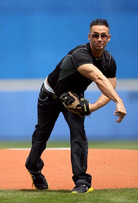 PORT ST. LUCIE, FL - MARCH 24:  Mike 'The Situation' Sorrentino of the reality show Jersey Shore, throws out the first pitch before the New York Mets take on the Houston Astros at Tradition Field on March 24, 2010 in Port St. Lucie, Florida.  (Photo by Do
