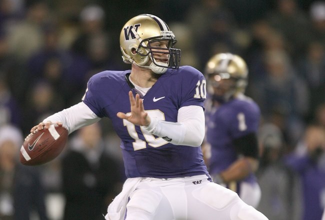 SEATTLE - DECEMBER 05: Quarterback Jake Locker #10 of the Washington Huskies passes the ball against the California Bears on December 5, 2009 at Husky Stadium in Seattle, Washington. The Huskies defeated the Bears 42-10. (Photo by Otto Greule Jr/Getty Ima