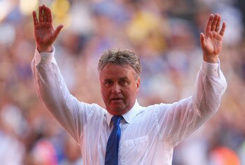 LONDON, ENGLAND - MAY 30:  Chelsea Manager Guus Hiddink celebrates victory during the FA Cup sponsored by E.ON Final match between Chelsea and Everton at Wembley Stadium on May 30, 2009 in London, England.  (Photo by Mike Hewitt/Getty Images)