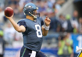 SEATTLE - AUGUST 21:  Quarterback Matt Hasselbeck #8 of the Seattle Seahawks passes during the preseason game against the Green Bay Packers at Qwest Field on August 21, 2010 in Seattle, Washington. (Photo by Otto Greule Jr/Getty Images)