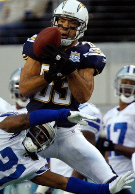 ARLINGTON, TX - DECEMBER 13:  Wide receiver Vincent Jackson #83 of the San Diego Chargers makes a pass reception against Mike Jenkins #21 of the Dallas Cowboys at Cowboys Stadium on December 13, 2009 in Arlington, Texas.  (Photo by Ronald Martinez/Getty I