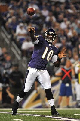 BALTIMORE - AUGUST 28:  Troy Smith #10 of the Baltimore Ravens passes against the New York Giants in a preseason game at M&T Bank Stadium on August 28, 2010 in Baltimore, Maryland. The Ravens defeated the Giants 24-10. (Photo by Larry French/Getty Images)