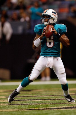 NEW ORLEANS - SEPTEMBER 03:  Quarterback Pat White #6 of the Miami Dolphins looks to throw a pass against the New Orleans Saints at the Louisiana Superdome on September 3, 2009 in New Orleans, Louisiana. The Dolphins defeated the Saints 10-7.  (Photo by C