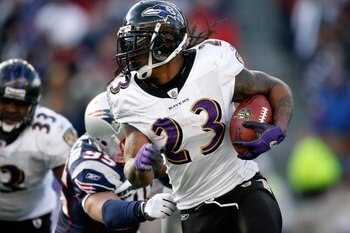 FOXBORO, MA - JANUARY 10:  Willis McGahee #23 of the Baltimore Ravens runs the ball against the New England Patriots during the 2010 AFC wild-card playoff game at Gillette Stadium on January 10, 2010 in Foxboro, Massachusetts. The Ravens won 33-14.  (Phot