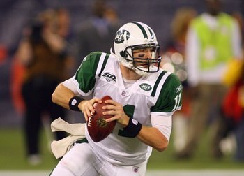TORONTO - DECEMBER 3:  Quarterback Kellen Clemens #11 of the New York Jets looks to make a pass play during their NFL game against the Buffalo Bills on December 3, 2009  at Rogers Centre in Toronto, Ontario, Canada. The Jets defeated the Bills 19-13. (Pho