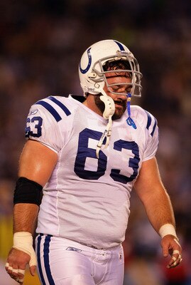 SAN DIEGO, CA - NOVEMBER 23:   Center Jeff Saturday #63 of the Indianapolis Colts walks off the field with an injury in the first half during their NFL Game at Qualcomm Stadium on November 23, 2008 in San Diego, California.  (Photo by Donald Miralle/Getty