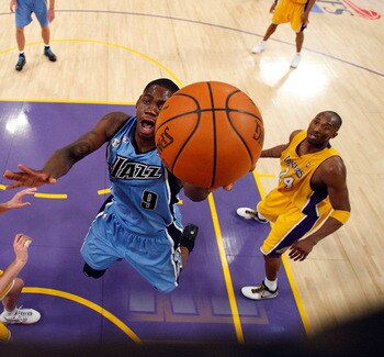 LOS ANGELES, CA - APRIL 27:  Ronnie Brewer #9 of the Utah Jazz goes up for a shot against Pau Gasol #16 of the Los Angeles Lakers in Game Five of the Western Conference Quarterfinals during the 2009 NBA Playoffs at Staples Center on April 27, 2009 in Los