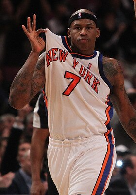 NEW YORK - JANUARY 28:  Al Harrington #7 of the New York Knicks celebrates a basket with teammate Wilson Chandler #21 against the Toronto Raptors at Madison Square Garden on January 28, 2010 in New York, New York. NOTE TO USER: User expressly acknowledges