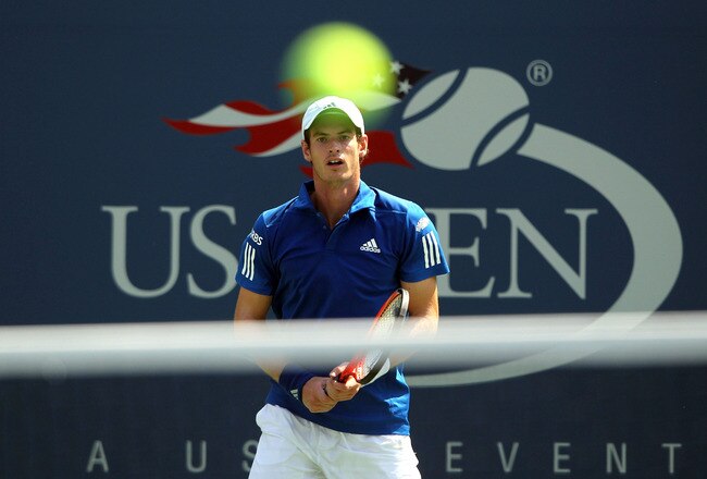 NEW YORK - SEPTEMBER 01:  Andy Murray of Great Britain returns against Lukas Lacko of Slovakia during his men's singles first round match on day three of the 2010 U.S. Open at the USTA Billie Jean King National Tennis Center on September 1, 2010 in the Fl