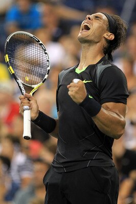 NEW YORK - AUGUST 31:  Rafael Nadal of Spain reacts after a point against Teymuraz Gabashvili of Russia during his first round men's single's match on day two of the 2010 U.S. Open at the USTA Billie Jean King National Tennis Center on August 31, 2010 in