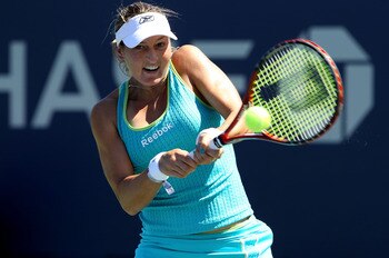 NEW YORK - AUGUST 30:  Shahar Peer of Israel returns a shot against Jelena Kostanic Tosic of Croatia during the Women's Singles first round match on day one of the 2010 U.S. Open at the USTA Billie Jean King National Tennis Center on August 30, 2010 in th