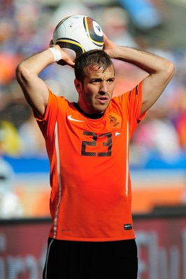 DURBAN, SOUTH AFRICA - JUNE 19:  Rafael Van der Vaart of the Netherlands takes a throw in during the 2010 FIFA World Cup South Africa Group E match between Netherlands and Japan at Durban Stadium on June 19, 2010 in Durban, South Africa.  (Photo by Stuart