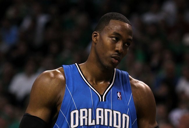 BOSTON - MAY 28:  Dwight Howard of the Orlando Magic looks on against the Boston Celtics in Game Six of the Eastern Conference Finals during the 2010 NBA Playoffs at TD Garden on May 28, 2010 in Boston, Massachusetts.  NOTE TO USER: User expressly acknowl