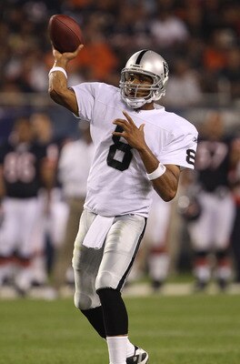 CHICAGO - AUGUST 21: Jason Campbell #8 of the Oakland Raiders throws a pass against the Chicago Bears during a preseason game at Soldier Field on August 21, 2010 in Chicago, Illinois. The Raiders defeated the Bears 32-17. (Photo by Jonathan Daniel/Getty I