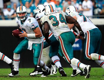 JACKSONVILLE, FL - DECEMBER 13:  Chad Henne #7 of the Miami Dolphins hands the ball off to Ricky Williams #34 during the game against the Jacksonville Jaguars at Jacksonville Municipal Stadium on December 13, 2009 in Jacksonville, Florida.  The Dolphins w