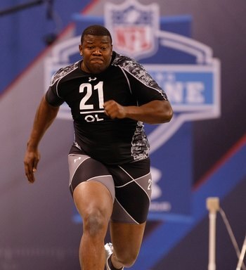 INDIANAPOLIS, IN - FEBRUARY 27: Offensive lineman John Jerry of Mississippi runs the 40 yard dash during the NFL Scouting Combine presented by Under Armour at Lucas Oil Stadium on February 27, 2010 in Indianapolis, Indiana. (Photo by Scott Boehm/Getty Ima