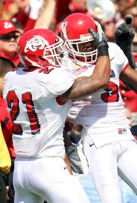 PASADENA, CA - SEPTEMBER 27:  Ryan Matthews #21 and Marlon Moore #5 of the Frenso State Bulldogs celebrate a touchcdown in the first quarter against the UCLA Bruins during the game on September 27, 2008 at the Rose Bowl in Pasadena, California.  (Photo by