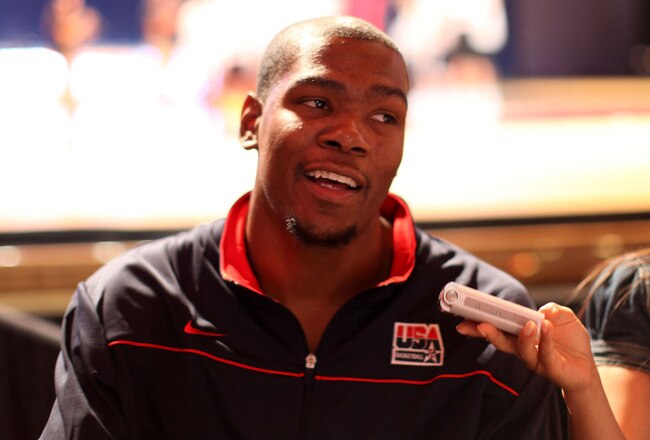 NEW YORK CITY, NY - AUGUST 12:  Kevin Durant of USAB is interviewed during the World Basketball Festival Community Morning at Radio City Music Hall on August 12, 2010 in New York, New York.  (Photo by Marc Lecureuil/Getty Images for Nike)