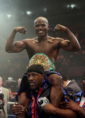 NOTTINGHAM, ENGLAND - MAY 10:  Timothy Bradley celebrates his win against Junior Witter for the WBC Light Welterweight fight on May 10, 2008 at Nottingham Ice Arena in Nottingham, England. (Photo by John Gichigi/Getty Images)