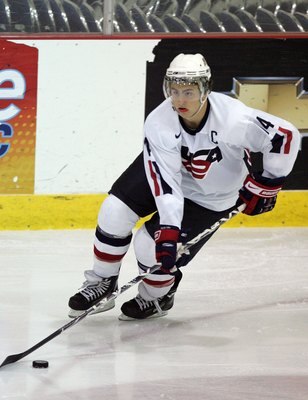 LAKE PLACID, NY - AUGUST 09: Kevin Shattenkirk #14 of Team USA skates against Team Finland at the USA Hockey National Junior Evaluation Camp on August 9, 2008 at the Olympic Center in Lake Placid, New York.  (Photo by Bruce Bennett/Getty Images)