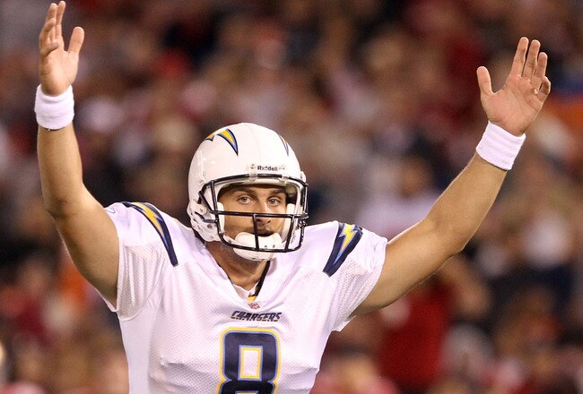 SAN FRANCISCO - SEPTEMBER 02:  Jonathan Crompton #8 of the San Diego Chargers celebrates a touchdown by Curtis Brinkley #44 during their game against the San Francisco 49ers at Candlestick Park  on September 2, 2010 in San Francisco, California.  (Photo b