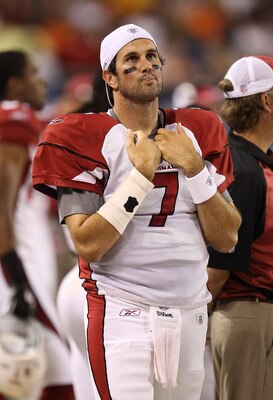 CHICAGO - AUGUST 28: Matt Leinart #7 of the Arizona Cardinals walks in the bench area during a preseason game against the Chicago Bears at Soldier Field on August 28, 2010 in Chicago, Illinois. The Cardinals defeated the Bears 14-9. (Photo by Jonathan Dan