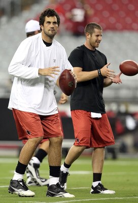 GLENDALE, AZ - SEPTEMBER 02:  Quarterbacks Matt Leinart #7 and Max Hall #6 of the Arizona Cardinals warm up before the preseason NFL game against the Washington Redskins at the University of Phoenix Stadium on September 2, 2010 in Glendale, Arizona.  (Pho