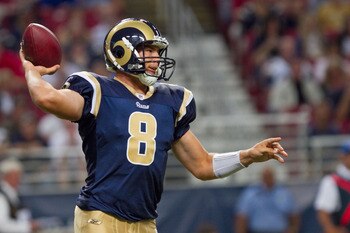 ST. LOUIS - SEPTEMBER 2: Sam Bradford #8 of the St. Louis Rams passes against the Baltimore Ravens during an NFL preseason game at the Edward Jones Dome on September 2, 2010 in St. Louis, Missouri.  (Photo by Dilip Vishwanat/Getty Images)