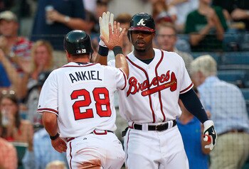 ATLANTA - SEPTEMBER 01:  Jason Heyward #22 of the Atlanta Braves congratulates Rick Ankiel #28 after Ankiel scored against the New York Mets at Turner Field on September 1, 2010 in Atlanta, Georgia.  (Photo by Kevin C. Cox/Getty Images)