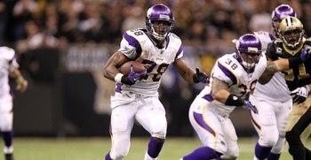 NEW ORLEANS - JANUARY 24:  Adrian Peterson #28 of the Minnesota Vikings runs the ball against the New Orleans Saints during the NFC Championship Game at the Louisiana Superdome on January 24, 2010 in New Orleans, Louisiana.  (Photo by Ronald Martinez/Gett