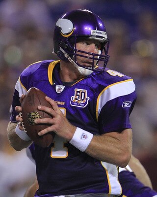 MINNEAPOLIS - AUGUST 28:  Brett Favre #4 of the Minnesota Vikings looks to pass against the Seattle Seahawks during a preseason NFL game at Mall of America Field at the Hubert H. Humphrey Metrodome on August 28, 2010  in Minneapolis, Minnesota.  (Photo by