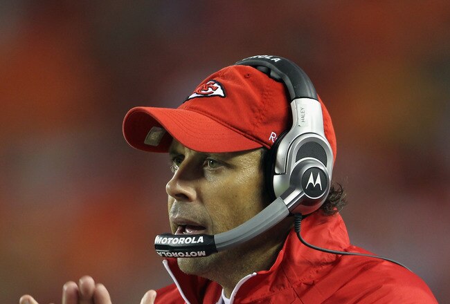KANSAS CITY, MO - SEPTEMBER 02:  Head coach Todd Haley of the Kansas City Chiefs applaudes players from the sidelines during the game against the Green Bay Packers on September 2, 2010 at Arrowhead Stadium in Kansas City, Missouri.  (Photo by Jamie Squire