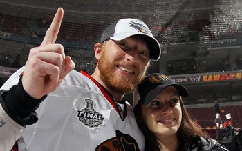 PHILADELPHIA - JUNE 09:  Marian Hossa #81 of the Chicago Blackhawks celebrates after teammate Patrick Kane scored the game-winning goal in overtime to defeat the Philadelphia Flyers 4-3 and win the Stanley Cup in Game Six of the 2010 NHL Stanley Cup Final