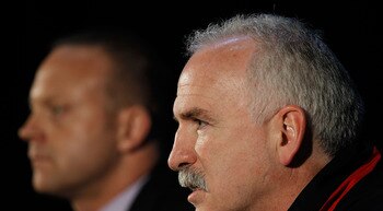 CHICAGO - MAY 27: Head coach Joel Quenneville of the Chicago Blackhawks (R) and General Manager Stan Bowman meet the press during Stanley Cup media day at the United Center on May 27, 2010 in Chicago, Illinois. (Photo by Jonathan Daniel/Getty Images)