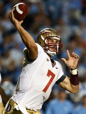 CHAPEL HILL, NC - OCTOBER 22:  Christian Ponder #7 of the Florida State Seminoles throws a pass against the North Carolina Tar Heels at Kenan Stadium on October 22, 2009 in Chapel Hill, North Carolina.  (Photo by Scott Halleran/Getty Images)