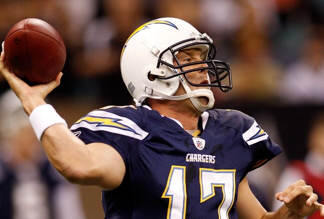 NEW ORLEANS - AUGUST 27:  Philip Rivers #17 of the San Diego Chargers in action against the New Orleans Saints at the Louisiana Superdome on August 27, 2010 in New Orleans, Louisiana.  (Photo by Chris Graythen/Getty Images)