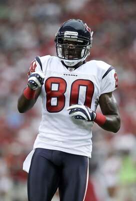 GLENDALE, AZ - AUGUST 14:  Wide receiver Andre Johnson #80 of the Houston Texans during preseason NFL game against the Arizona Cardinals at the University of Phoenix Stadium on August 14, 2010 in Glendale, Arizona.  The Cardinals defeated the Texans 19-16