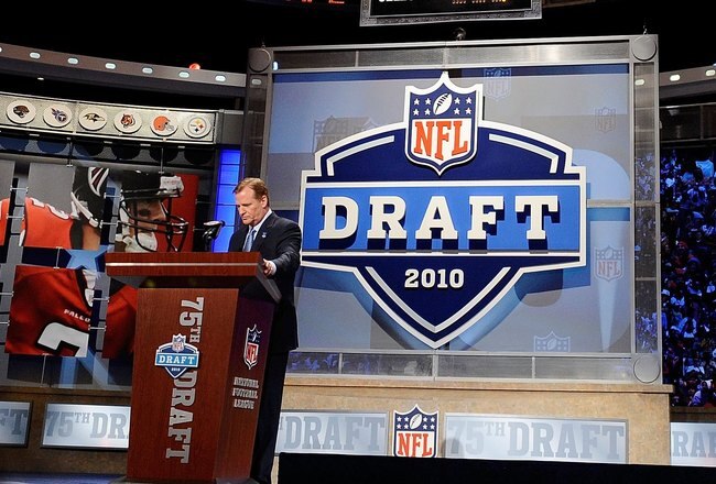 NEW YORK - APRIL 22:  NFL Commissioner Roer Goodell stands at the podium on stage during the first round of the 2010 NFL Draft at Radio City Music Hall on April 22, 2010 in New York City.  (Photo by Jeff Zelevansky/Getty Images)