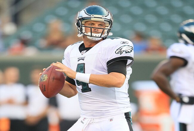 CINCINNATI - AUGUST 20:  Kevin Kolb #4 of the Philadelphia Eagles throws a pass during the NFL preseason game against the Cincinnati Bengals at Paul Brown Stadium on August 20, 2010 in Cincinnati, Ohio.  (Photo by Andy Lyons/Getty Images)