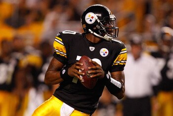PITTSBURGH - SEPTEMBER 02:  Dennis Dixon #10 of the Pittsburgh Steelers drops back to pass against the Carolina Panthers after Byron Leftwich left with an injury during the preseason game on September 2, 2010 at Heinz Field in Pittsburgh, Pennsylvania.  (