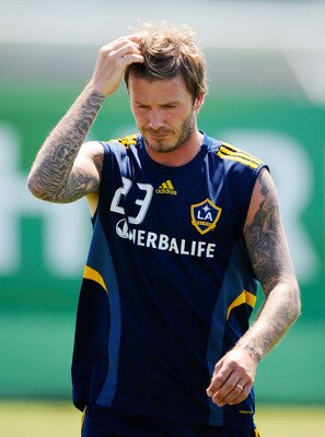 CARSON, CA - AUGUST 11:  David Beckham of the Los Angeles Galaxy warms up during training session at The Home Depot Center on August 11, 2010 in Carson, California. Beckham tore his left Achilles' tendon last March while on loan to AC Milan.  (Photo by Ke