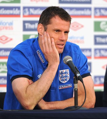 RUSTENBURG, SOUTH AFRICA - JUNE 14:  Jamie Carragher talks to the media after the England training session at the Royal Bafokeng Sports Campus on June 14, 2010 in Rustenburg, South Africa.  (Photo by Michael Regan/Getty Images)