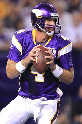MINNEAPOLIS - AUGUST 28:  Brett Favre #4 of the Minnesota Vikings looks to pass against the Seattle Seahawks during a preseason NFL game at Mall of America Field at the Hubert H. Humphrey Metrodome on August 28, 2010  in Minneapolis, Minnesota.  (Photo by