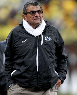 ANN ARBOR, MI - OCTOBER 24: Head Coach Joe Paterno of the Penn State Nittany Lions looks on while playing the Michigan Wolverines on October 24, 2009 at Michigan Stadium in Ann Arbor, Michigan. Penn State won the game 35-10. (Photo by Gregory Shamus/Getty