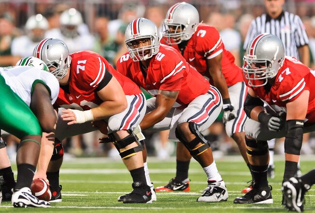 COLUMBUS, OH - SEPTEMBER 2: Terrelle Pryor #2 of the Ohio State Buckeyes takes the ball from center against the Marshall Thundering Herd at Ohio Stadium on September 2, 2010 in Columbus, Ohio. (Photo by Jamie Sabau/Getty Images)