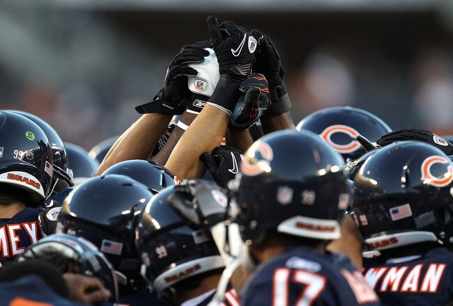CHICAGO - AUGUST 28: Members of the Chicago Bears prepare for a game against the Arizona Cardinals during a preseason game at Soldier Field on August 28, 2010 in Chicago, Illinois. (Photo by Jonathan Daniel/Getty Images)
